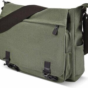 Army Green Canvas Vintage Messenger Bag for Men Women 14-Inch Laptop Travel Cros